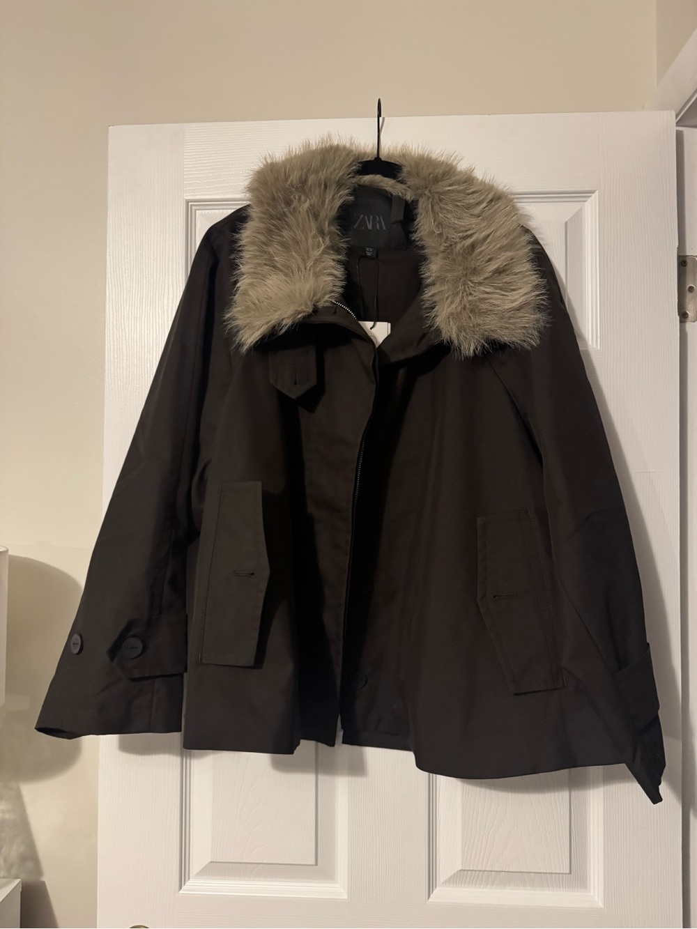 Zara Dark Brown Trench Coat with Faux Fur Collar